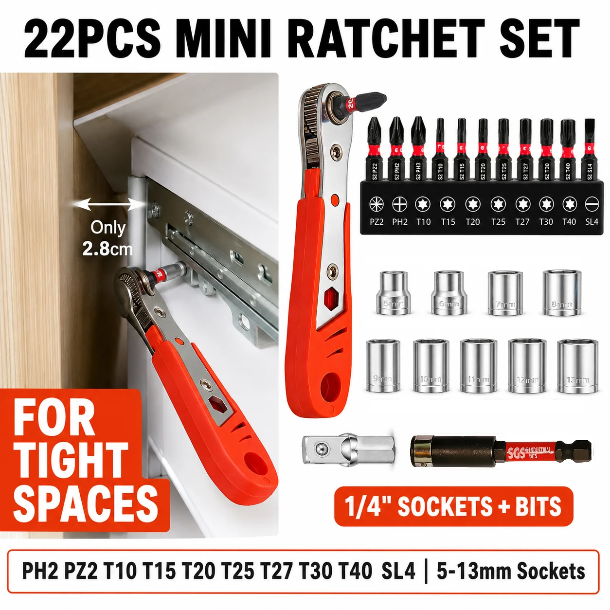 22PCS Mini Ratchet Screwdriver Set, 1/4 Inch Right Angle Ratchet Wrench with Sockets and Bits, Compact Repair Tool Kit for Tight Spaces, Furniture and Auto Repair