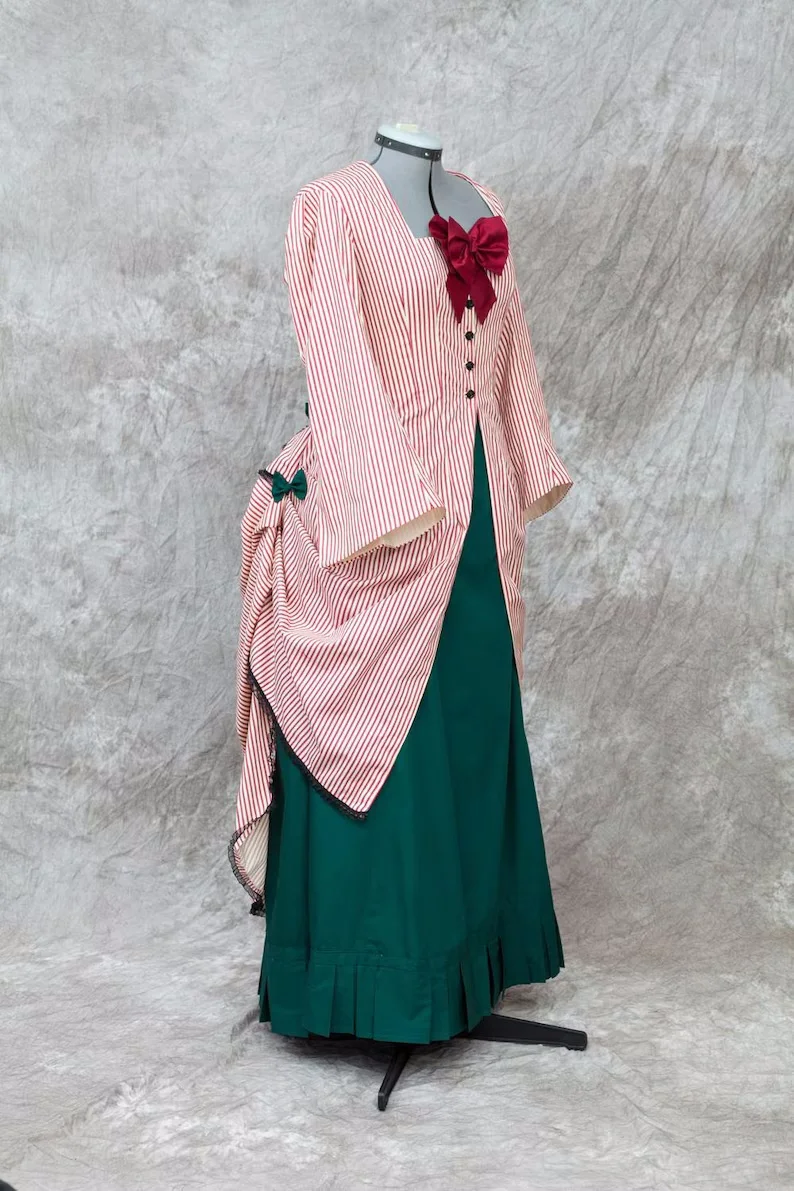 빅토리아 시대 폴로나이즈 로코코 스트라이프 버들 드레스 역사적인 로얄 고귀한 오후 의상 여성 고딕 Steampunk 티 파티 가운