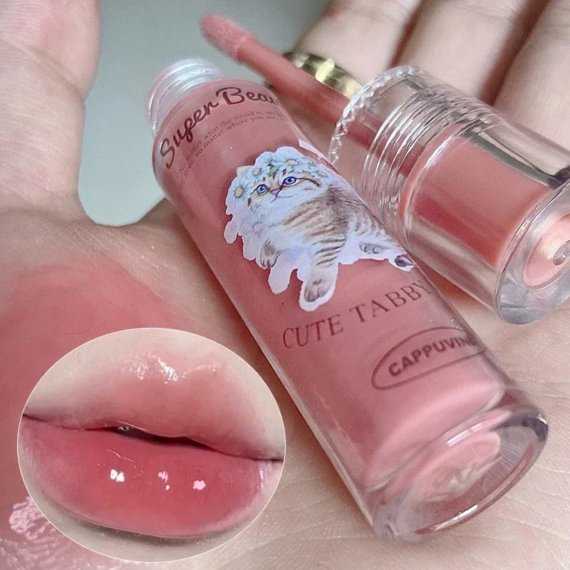 6Colors Cute Cat Lipgloss Lips Essence Jelly Lip Glaze Moisturizer Mirror Water Light Lipsticks Red Lip Tint Liquid Lip Oil Balm