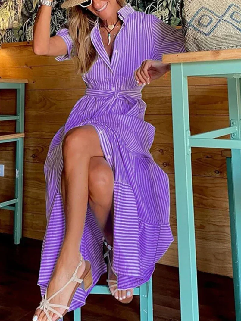 Streetwear Striped Print Shirt Dress Summer Clothing Women Short Sleeve Button Up Maxi Long Dresses Casual Smock Dress Vestidos