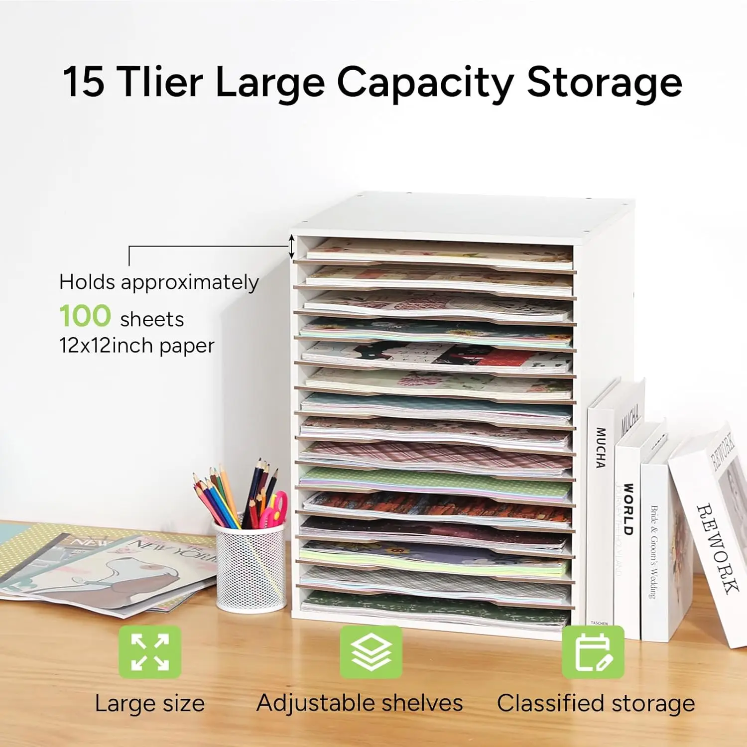 15 Slot Paper Organizer Storage, Wood Adjustable Shelves Paper Storage Shelf with Extraction Slot for 12x12Inch Scrapbooks