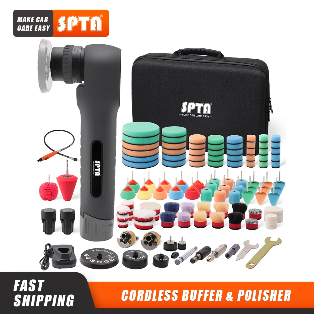 

SPTA Mini Cordless Polisher with 2Pcs 12V/2.0 Ah Batteries 4 Variable Speed RO&DA Buffer for Car Detailing Polishing Sanding Kit