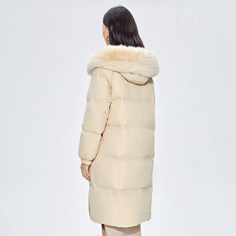 Chericom Women's Winter Longline Hooded Down Coat Faux Fur Trim Oversized Pockets Windproof Cuffs Thermal Insulation Y289225A