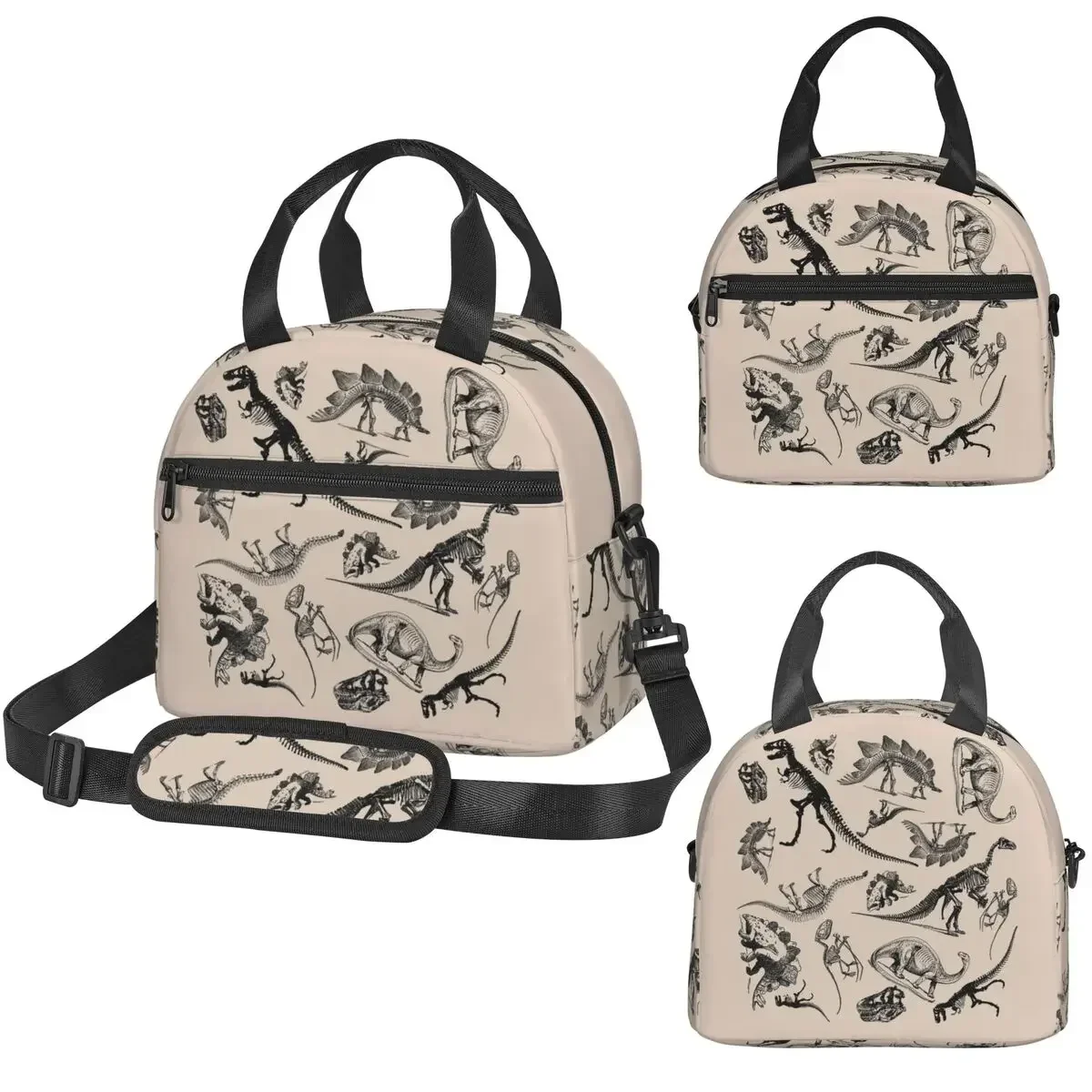 Vintage Museum Dinosaurs And Skeletons Black And Cream Insulated Lunch Bag for Kids School Cooler Thermal Box Tote Lunch Boxes