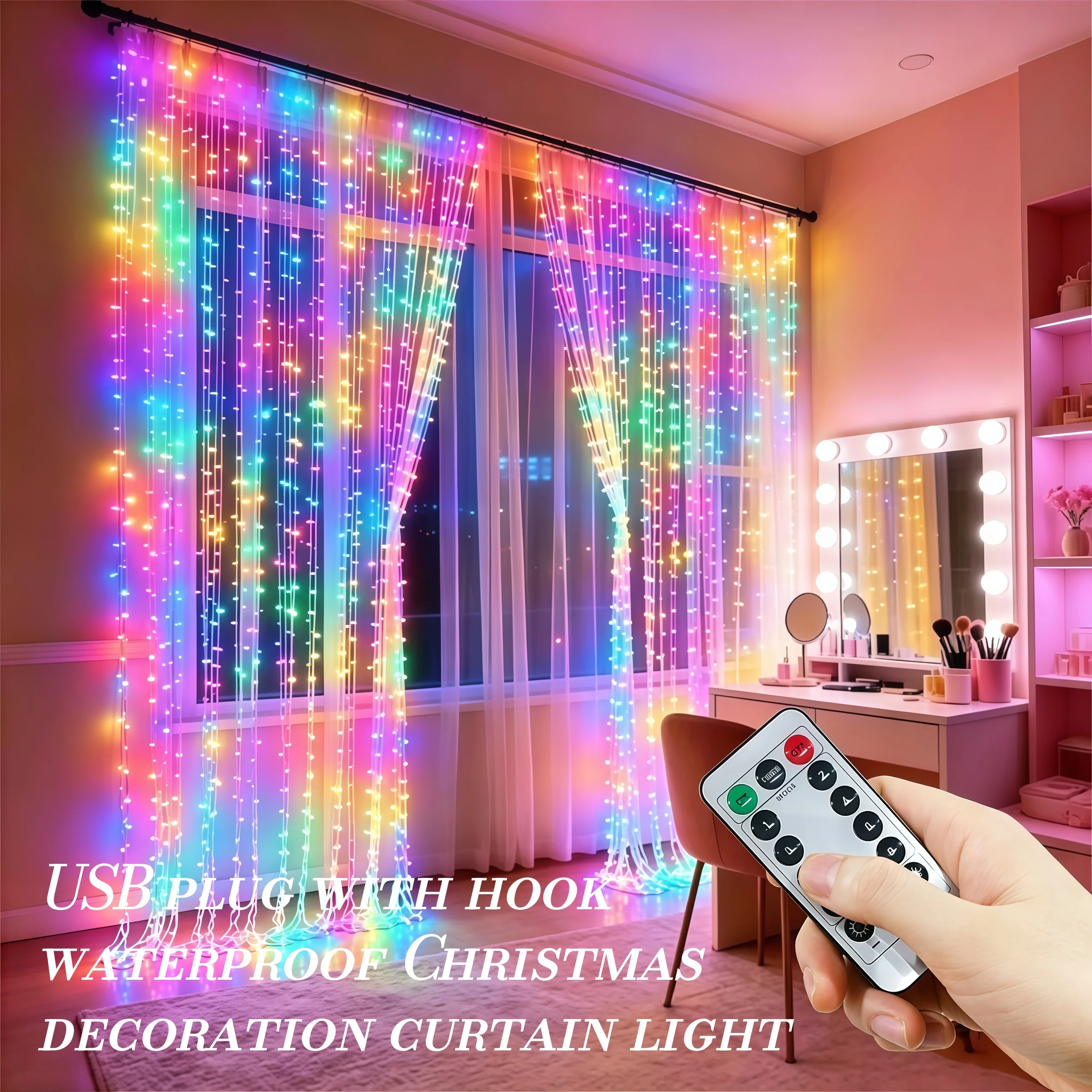 Christmas Decorative Curtain Lights, Usb Plug With Hook Waterproof Leather String Lights, 100/200/300 Led Beads,8 Lighting Modes