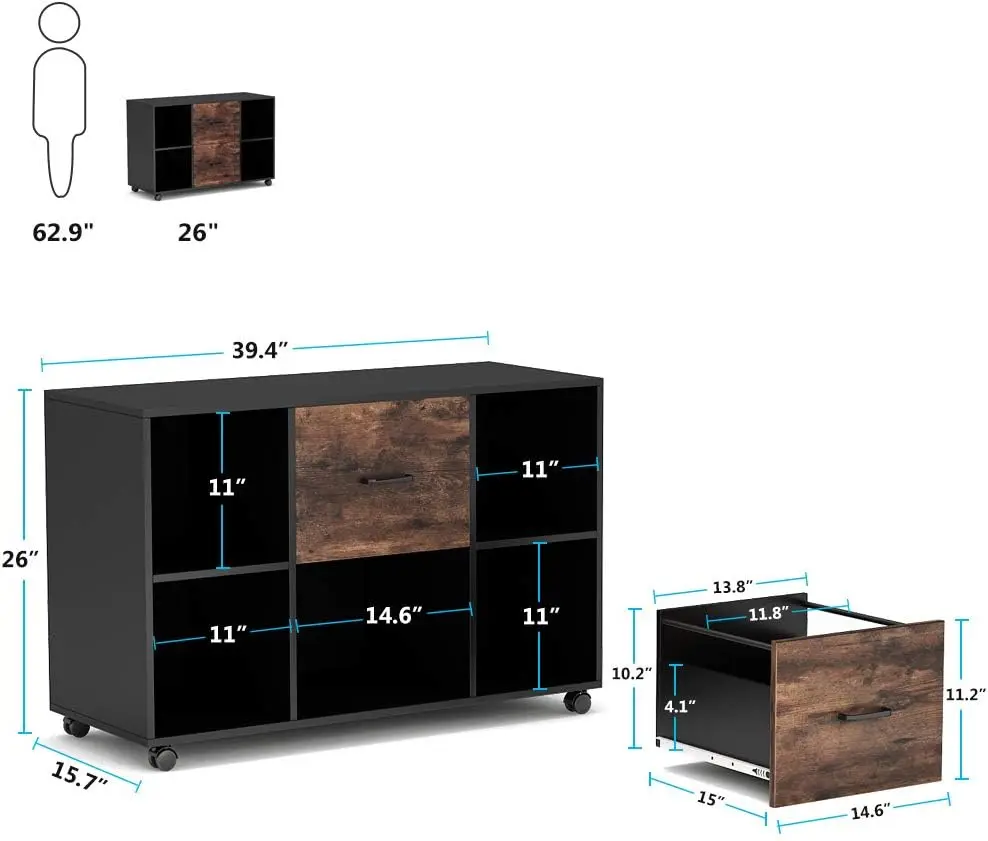 Archivador Lateral móvil grande para tamaño de letra, soporte de impresora con estantes de almacenamiento y ruedas rodantes, 2 cajones