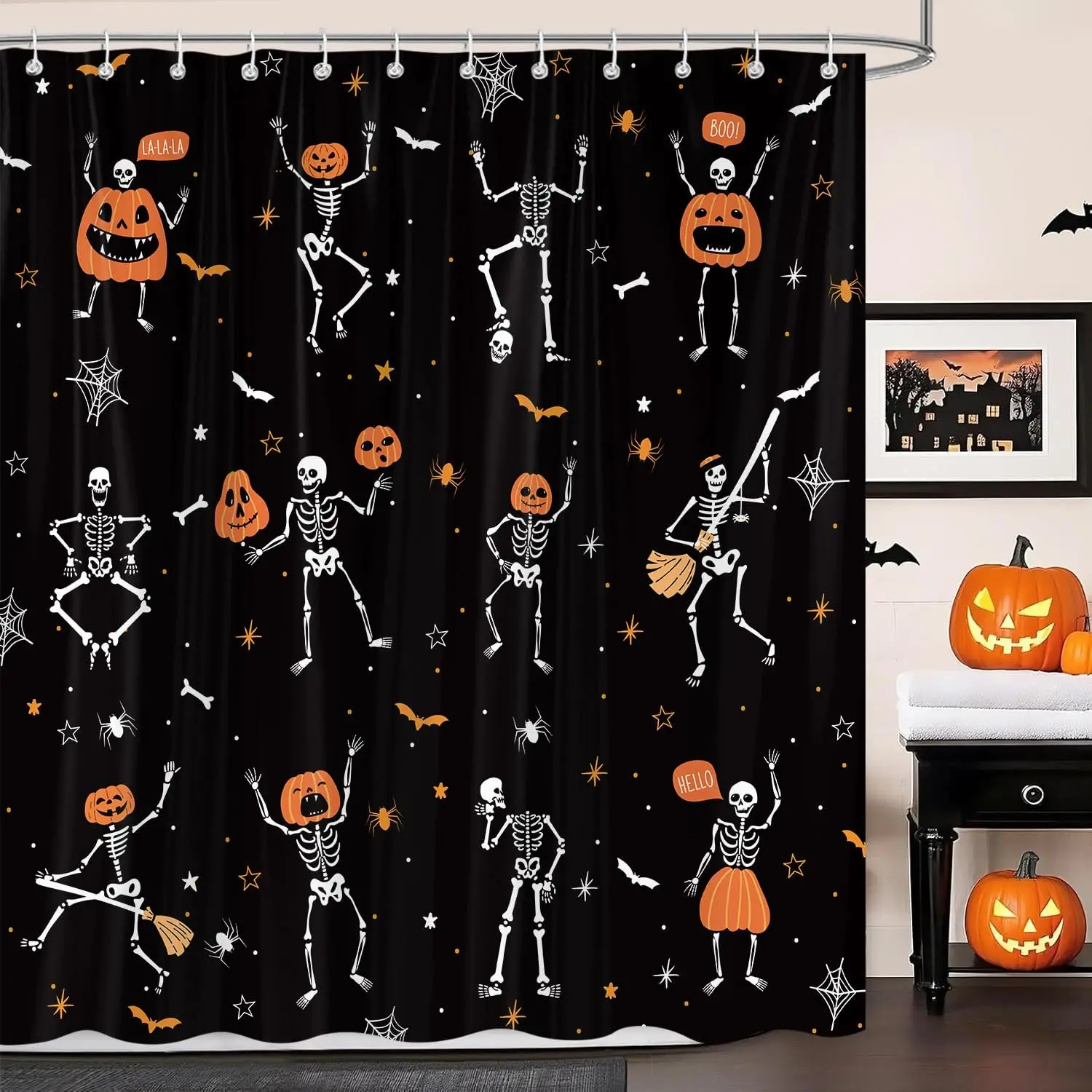 ستارة دش الهالوين القوطية المضحكة، هيكل عظمي أسود وأبيض للرقص على شكل قرع للأطفال، مقاومة للماء وقابلة للغسل #1