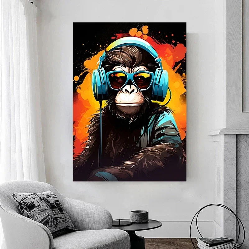 1pc frameless Canvas Painting Graffiti Monkey Headphone Dj Music Poster Funny Animals Prints Canvas Painting Club Bar Game Room