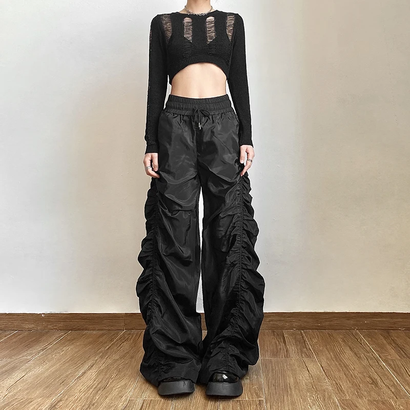 

European Hot Girls Loose Mopping High-waisted Pants Women's Design Folds Pleated Wide-leg Long Pants Punk Capris Black Versatile