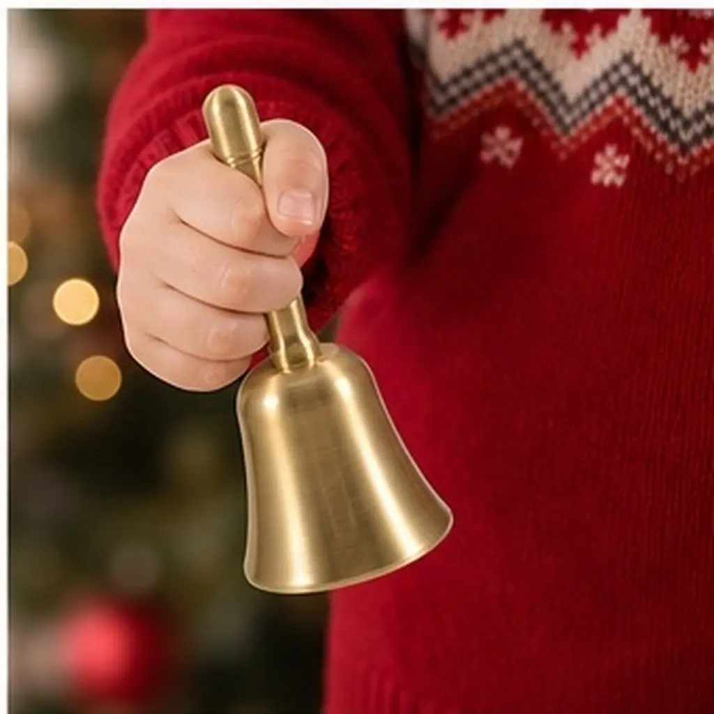 Brass Christmas Hand Bell Polished Metal Loud Resonant Ringing Bell for Holiday Decor Classroom School Restaurant Reception Desk