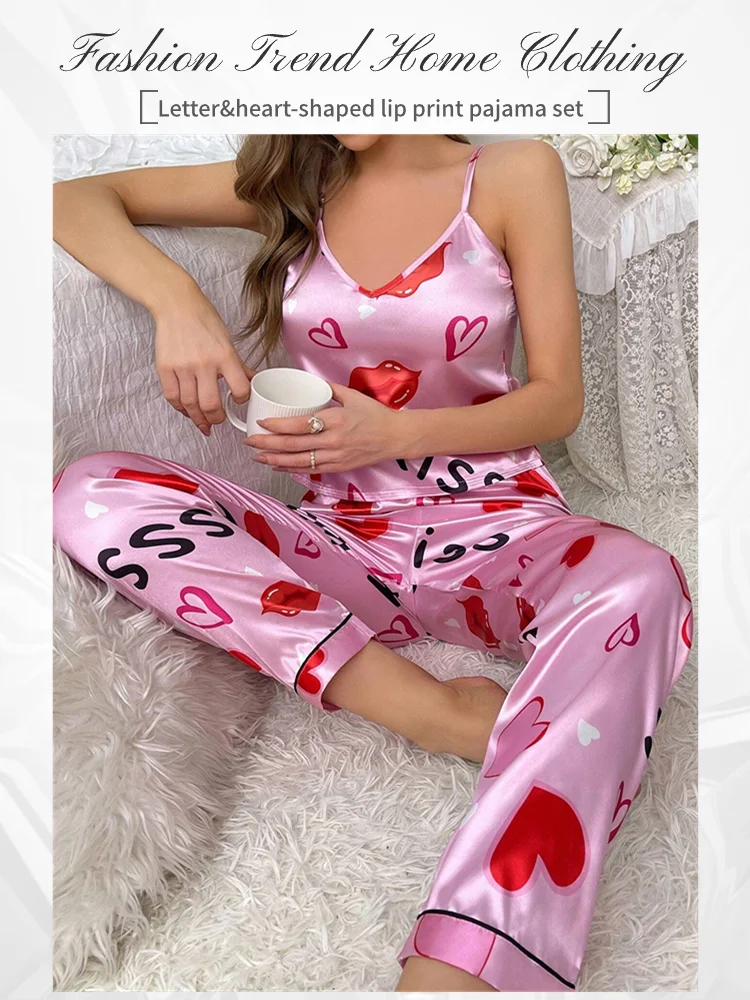Damen-Pyjama-Sets aus Satin mit Blumenmuster, Spaghettiträger-Oberteilen und langen Hosen, Nachtwäsche, 2-teilig, ärmellos, Heimkleidung, Loungewear – Detail 1