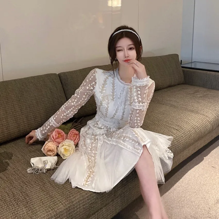 High Quality Fashion Flower Embroidery Dress Luxury Autumn Winter Women Mesh Lace Floral Long Sleeve Slim Ball Gown Party Dress