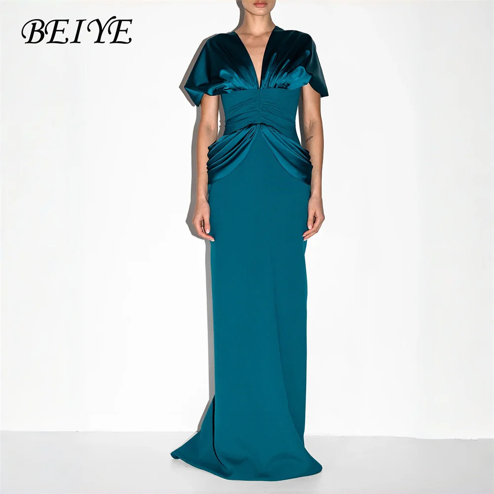 

BEIYE Simple Blue Off The Shoulder Mermaid Evening Dresses Women 2026 Pleat V-Neck Prom Dresses Formal Party Gown Customized