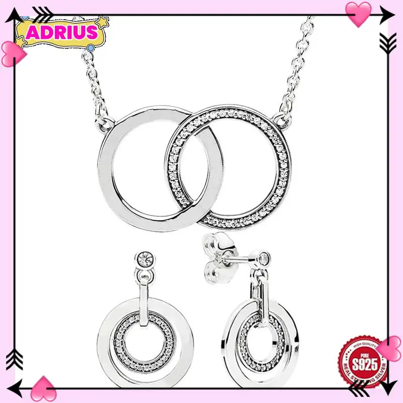 

New 925 Sterling Silver Sparkle Entwined Circles Signature Earring Necklace With Crystal For Women Jewelry Set Birthday Gift