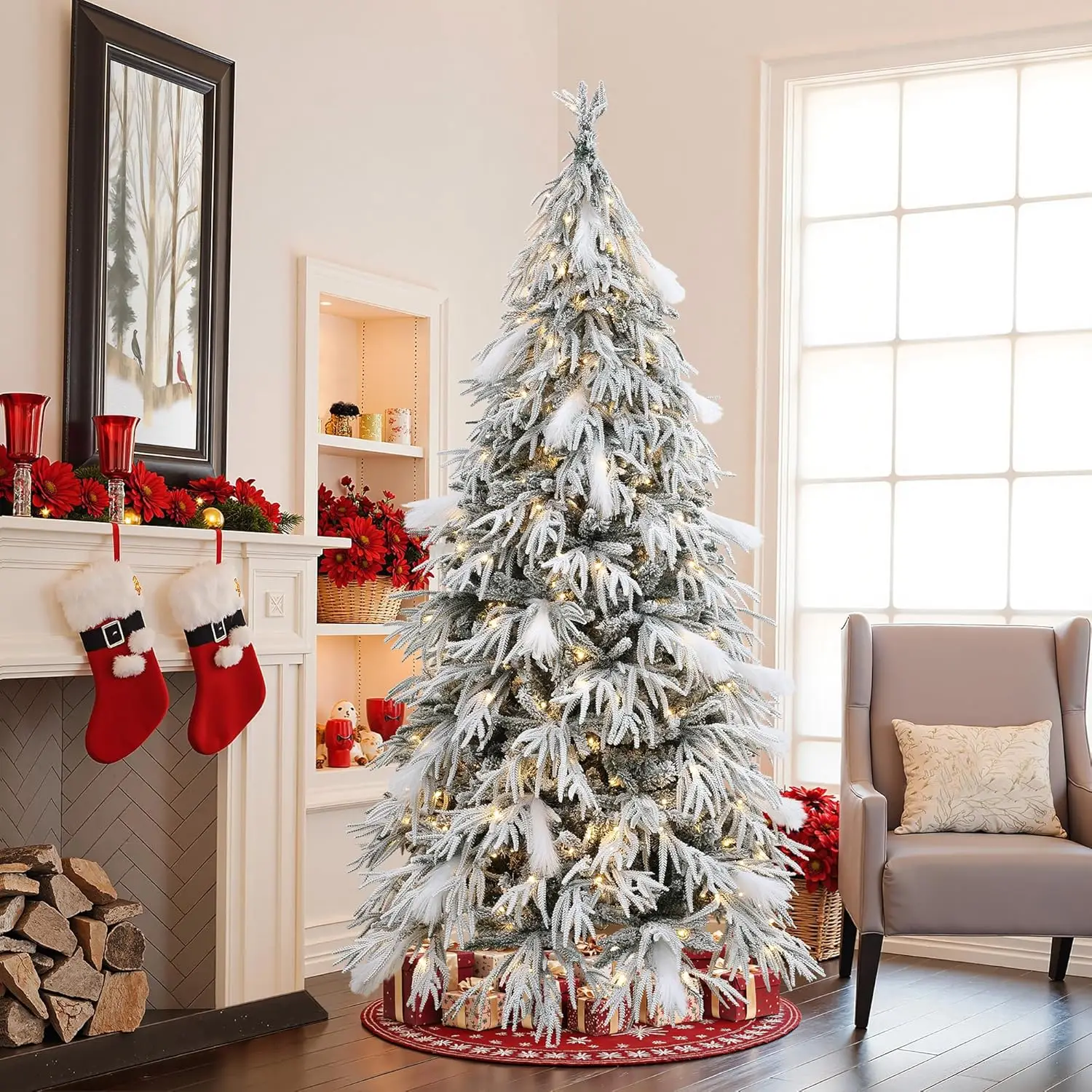 

LuxenHome 6.5FT Flocked Artificial Christmas Tree, Downswept Branches Spruce Prelit Christmas Trees with 350 Warm White