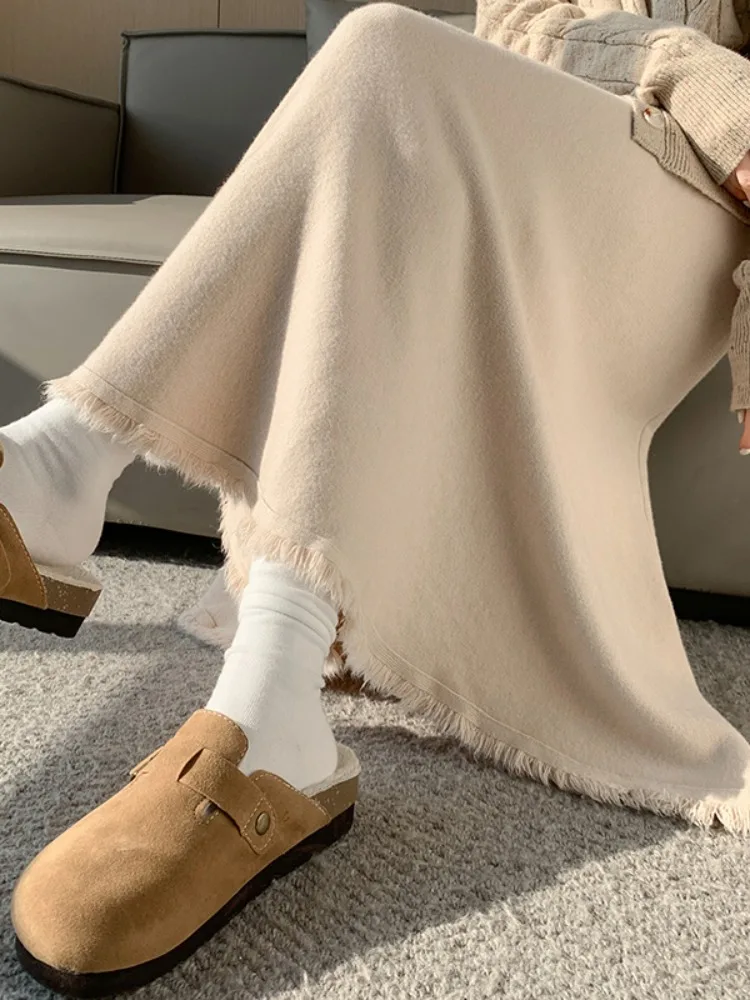 Witte Kwastje Gebreide A-lijn Rok Dames Herfst Winter Losse Gedrapeerde Lange Paraplu Rok Hoge Taille Casual Wolmix Rok