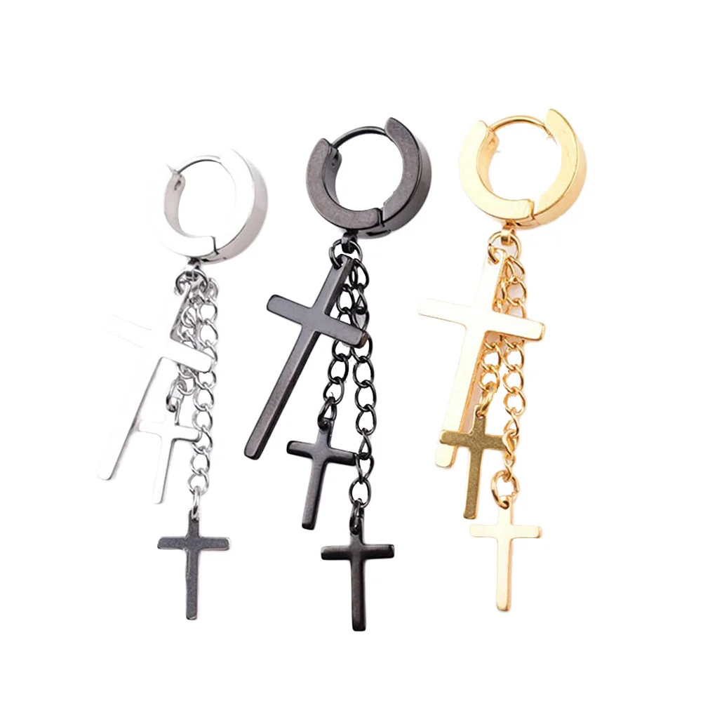

6Pcs Mens Earrings Stainless Steel Cross Dangle Studs 3 Pendants High Gloss Everyday Wear Gifts for Her Mens Ear Buckles