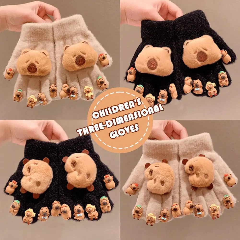 قفازات شتوية ثلاثية الأبعاد كابيبارا للأطفال من القطيفة بخمسة أصابع قفازات مقاومة للبرد في الهواء الطلق قفازات سميكة دافئة #5