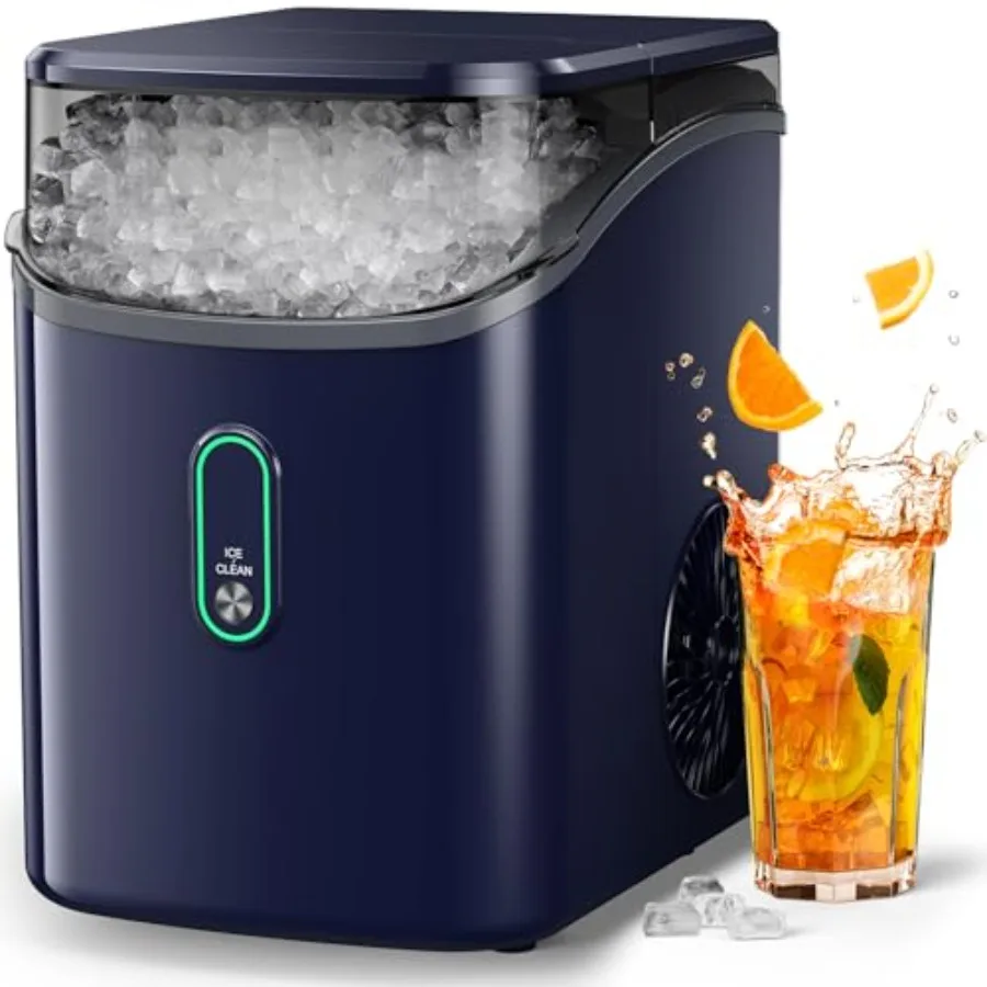 

Countertop nugget ice maker for home kitchen office use, blue ABS plastic, one-click operation with crushed ice and self-cleani