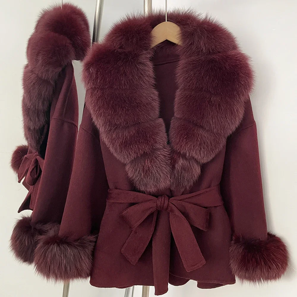 OFTBUY Neuer Damen Kurzmantel aus 100% Wolle Luxuriöse Winteroberbekleidung Übergroßer Echter Fuchspelzkragen Gürtel-Wickeljacke für Damen – Detail 18