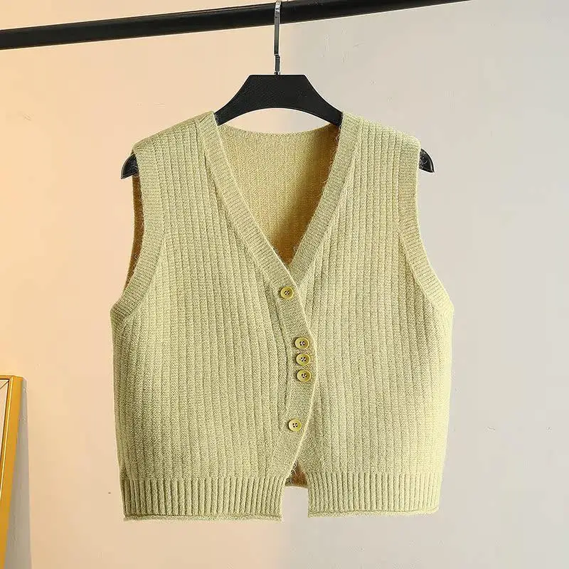 Hem Slit Design Buttoned Vest Knitted V-neck Vest Spring and Autumn Layered Cardigan Over-the-shoulder Sweater