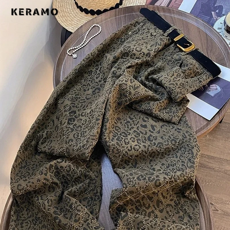 Leopard Print Womens Jeans High Waist Vintage Straight Baggy Denim Pants Street Hottie Y2K American Style Wide Leg Denim Trouser