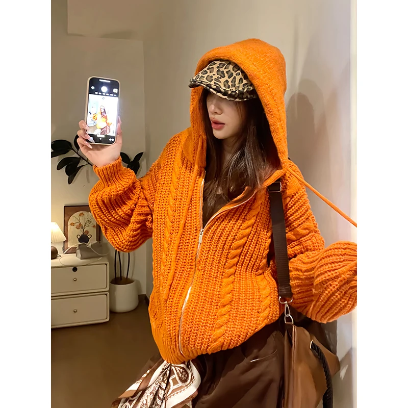 

ZHIZOU Knitted Sweaters Women Fashion Vintage Long Sleeve Jumpers Solid Loose Zipper Hooded 2025 New Autumn Winter Cardigan