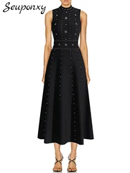 High quality 2026 Summer New Fashion Women's Midi Dress Sexy O-neck Sleeveless Open Back Hollow Drive Celebrity Party Dress