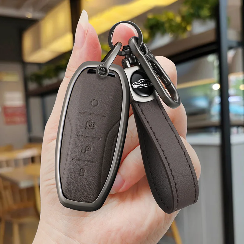 

for BYD Han EV Yuan Dolphin E2 Song PRO Max Tang DM 2018 Qin PLUS Car Top Layer Leather Key Cover Alloy Auto Dedicated Key Cover