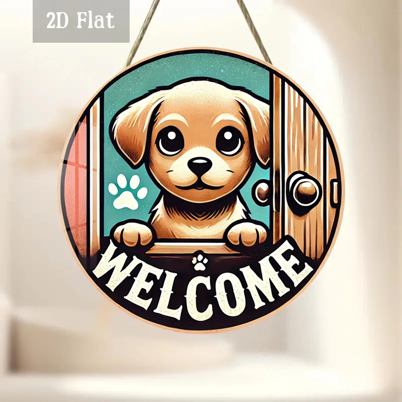 2D Flat - 1pc Cute Dog Wood Panel Painting, Friendly Welcome Wood Panel Painting, Furry Friend Round Wooden Decoration, Door Dec