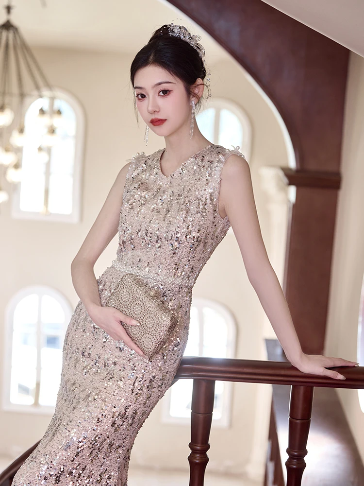 

Вечернее платье Ele Fi Tail для женщин, на день рождения, высококачественное, роскошное, блестящее, красивое, длинное, корейский стиль, на молнии