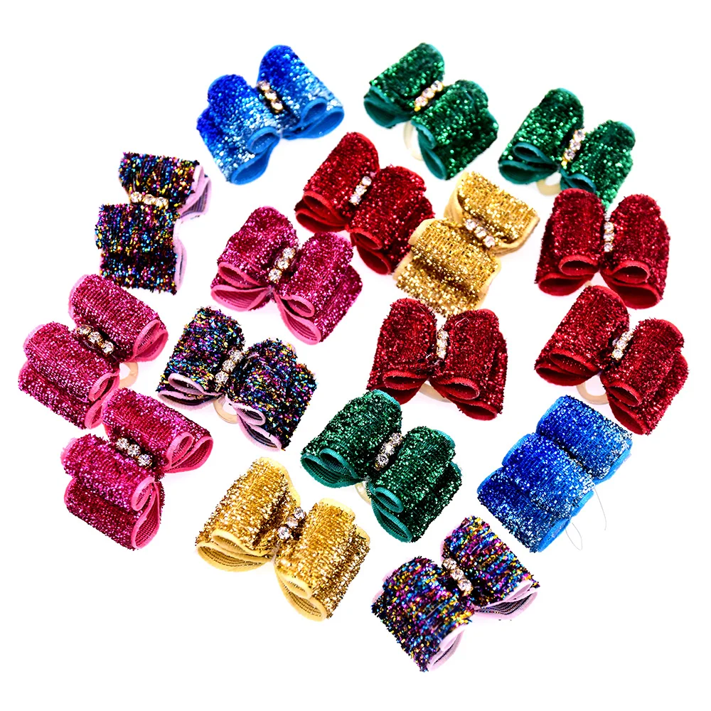 Wholesale100pcs Christmas Dog Hair Accessories  Dimond shining Pet Dog Hair Bows Rubber Bands Red Green Cat Dog Pet Supplies