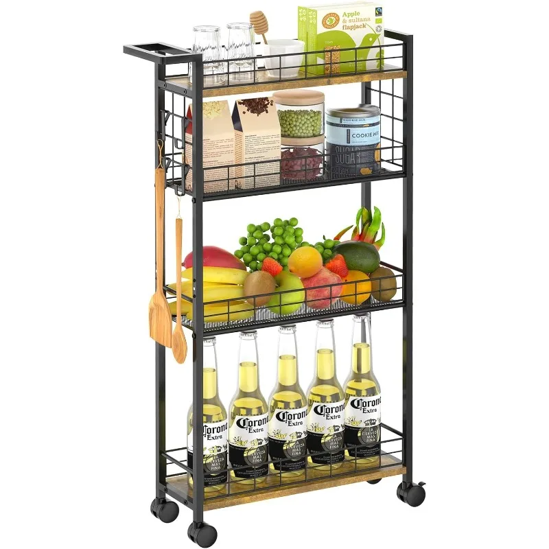 

Slim Storage Cart with Wheels, 4 Tier Mobile Narrow Shelving Unit Organizer Utility Cart with Handle, Skinny Rolling Trolley