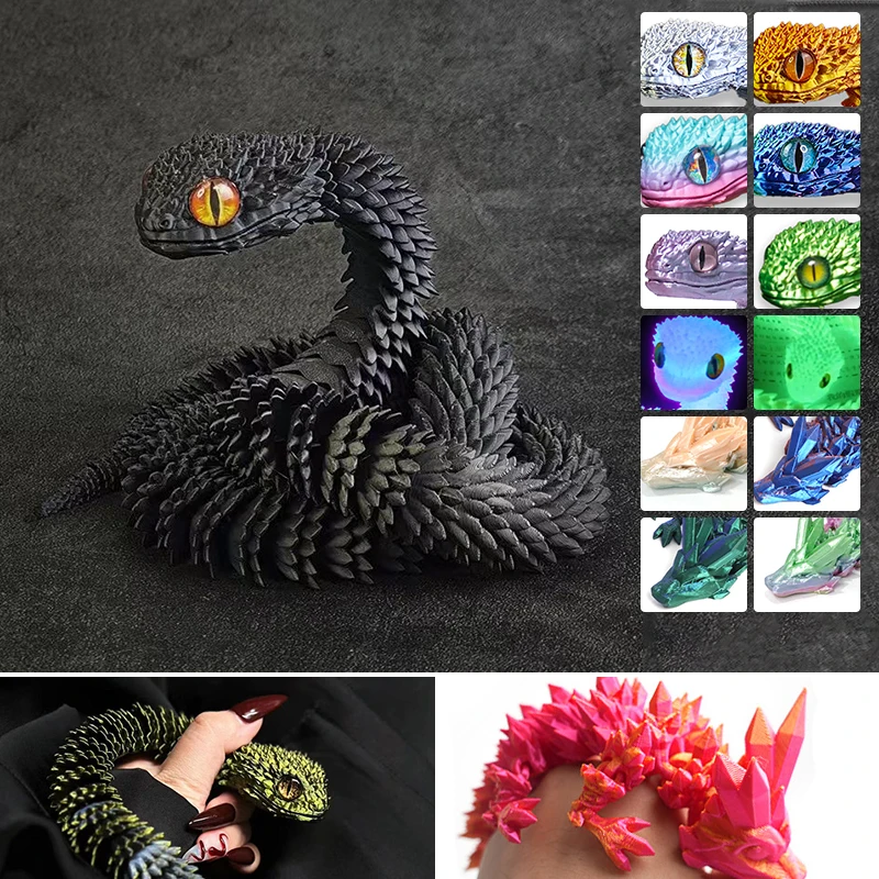 3D Noctilucent Printed Figure Snake Articulated Bush Viper Toy-Dragon Snakes Integrated Joint Mobility Statue Ornament Kids Toys