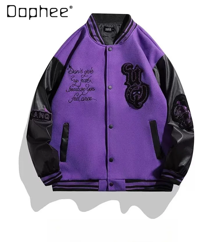 

Spring Autumn Men's American Streetwear Purple Black Eagle Embroidery Loose Casual PU Sleeve Baseball Jacket for Daily Wear