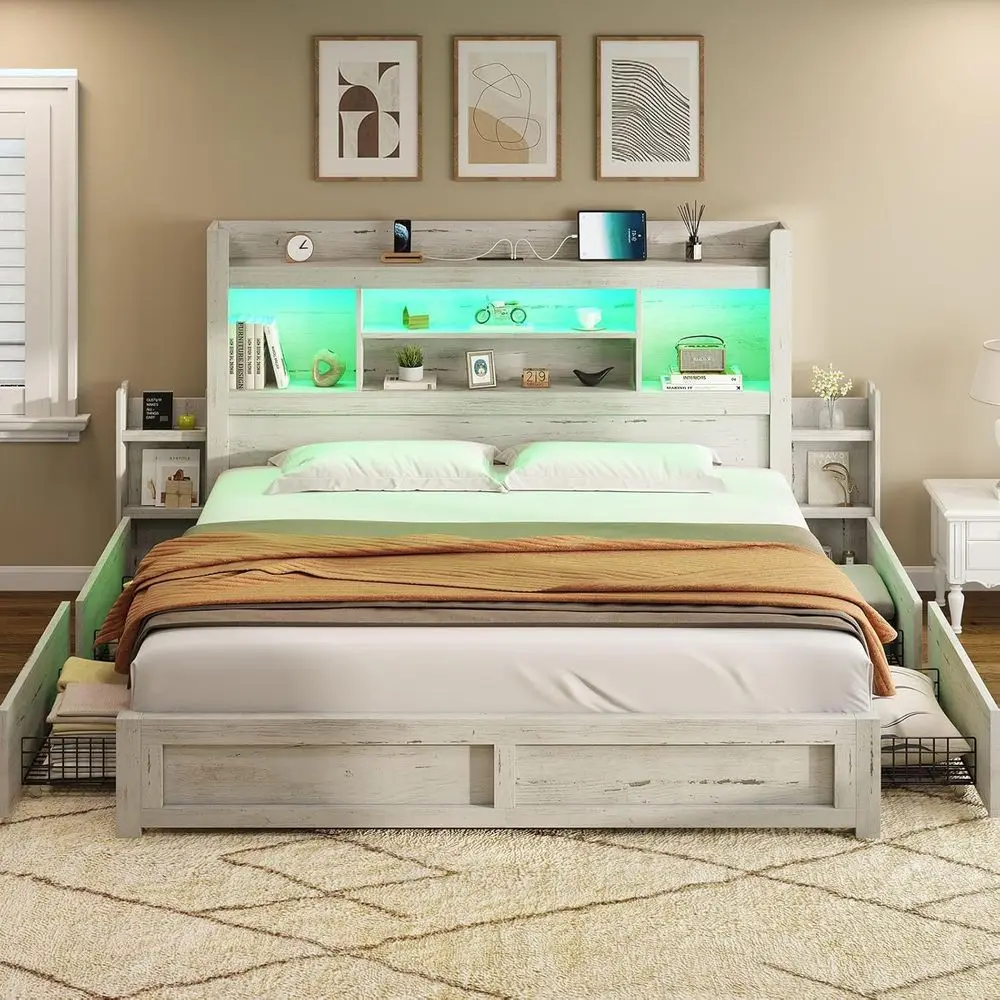 

California King Size Bed Frame with 4 Storage Drawers, LED Bed Frame with 49.6 Tall Bookcase Headboard, Wood Platform Bed with