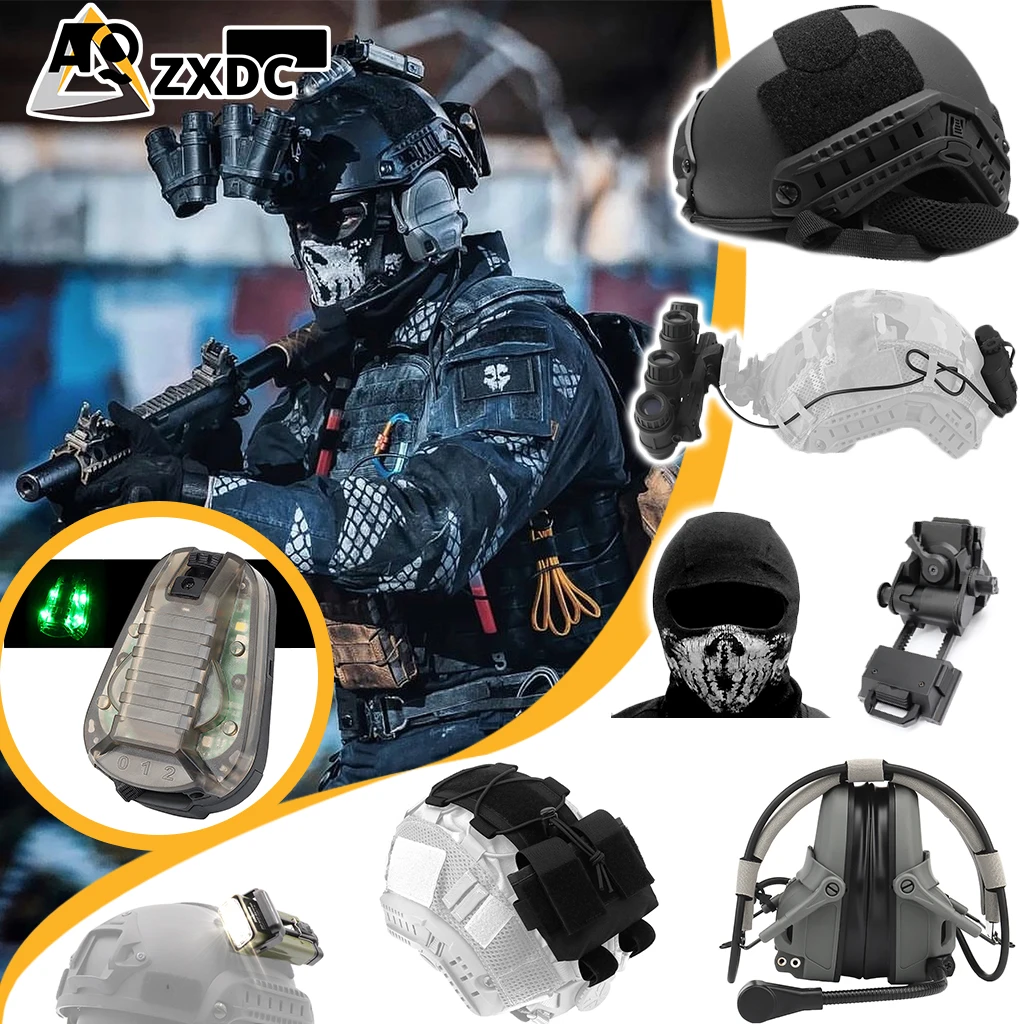 

Airsoft helmet tactical four eyes set with communication headset, Signal light + flash lamp, for tactical operations wargame