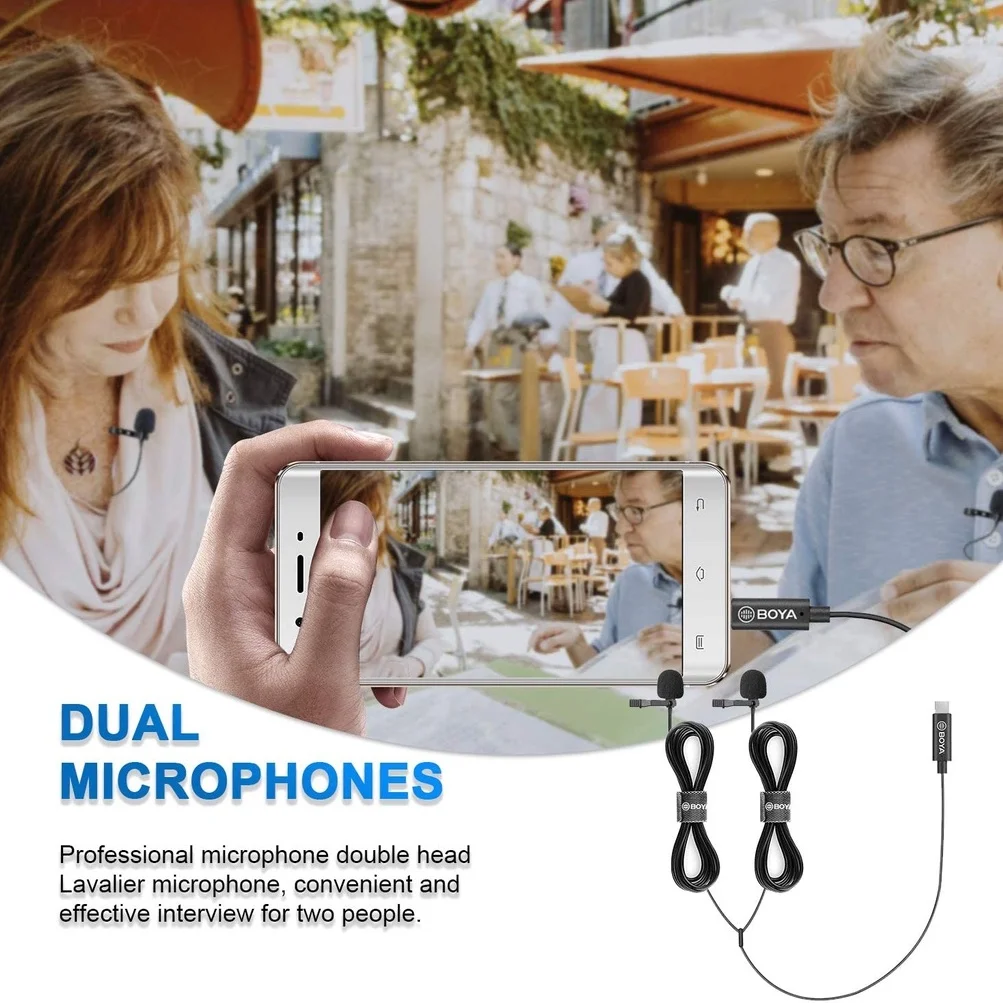 BOYA BY-M3D Mikrofon Dual Head Lavalier Lapel Condensador Microfone Mic dengan 6 Meter Kabel Kompatibel dengan Antarmuka Tipe-c