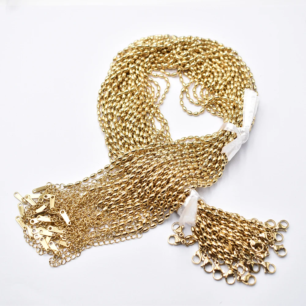 Großhandel 30 Stück Goldfarbene 2,4 mm Edelstahl-Reiskorn-Ketten-Halsketten DIY-Schmuck 40+5 cm Ketten-Set Zubehör im Großverkauf – Detail 2