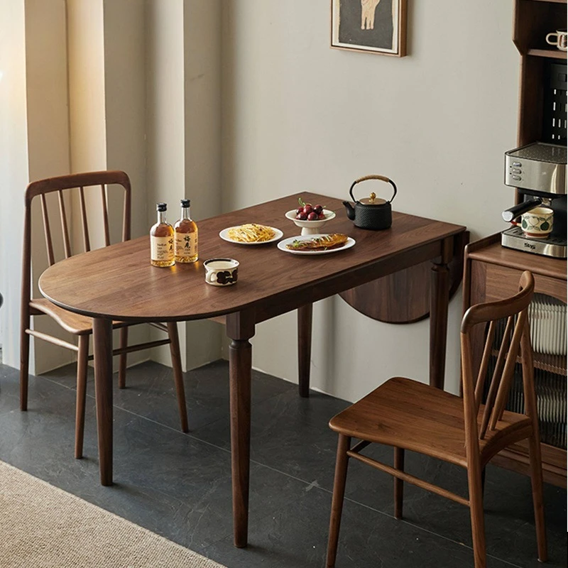 Black walnut folding dining table Small apartment household retractable rectangular dining table Solid wood semi-round table