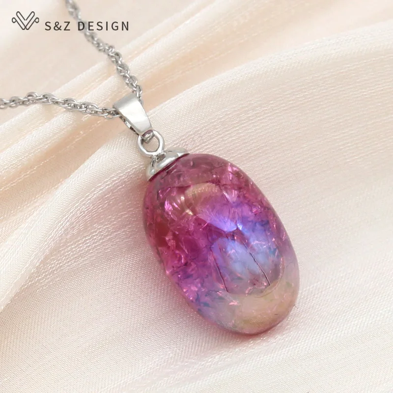 S&Z DESIGN New Fashion 585 Rose Gold Color Grape Pendant Necklace For Women Wedding Jewelry Oval Colorful Eardrop Gift