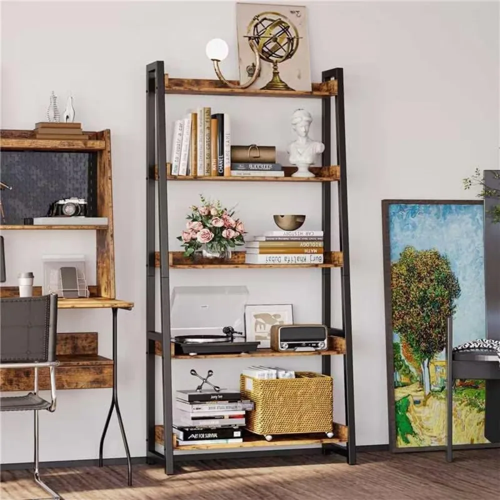 Industrial Bookshelf 5-Tier 31.5 in Wide, Bookcase Ladder Shelf, Storage Shelves Rack Shelf Unit, Accent Furniture Metal Frame