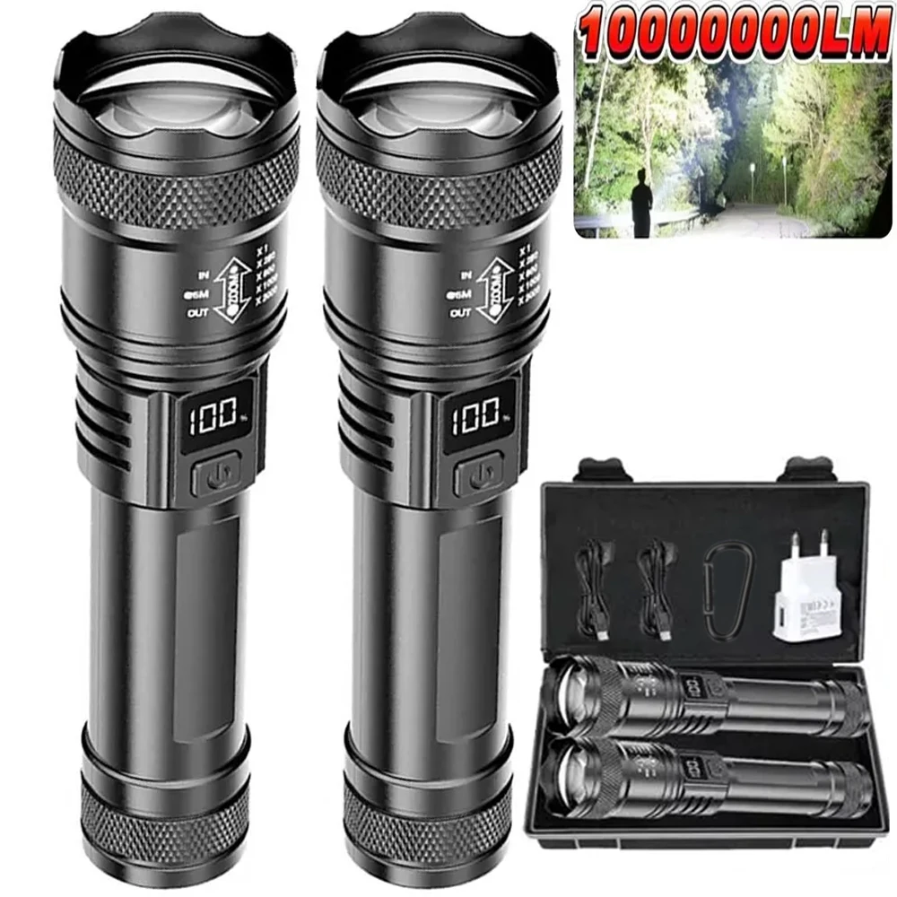 Super Bright LED Flashlight Portable USB Rechargeable Torch with Display Telescopic Zoom Lantern for Outdoor Camping Hiking
