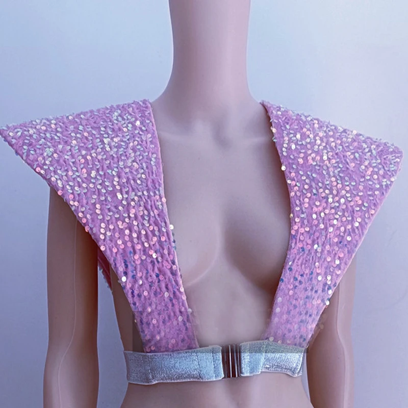 

Pink Sequins Jazz Dance Shoulder Pads Bar Ds Dj Pole Dance Costumes Men Women Pole Dance Flying Vest Stage Accessories XS10346