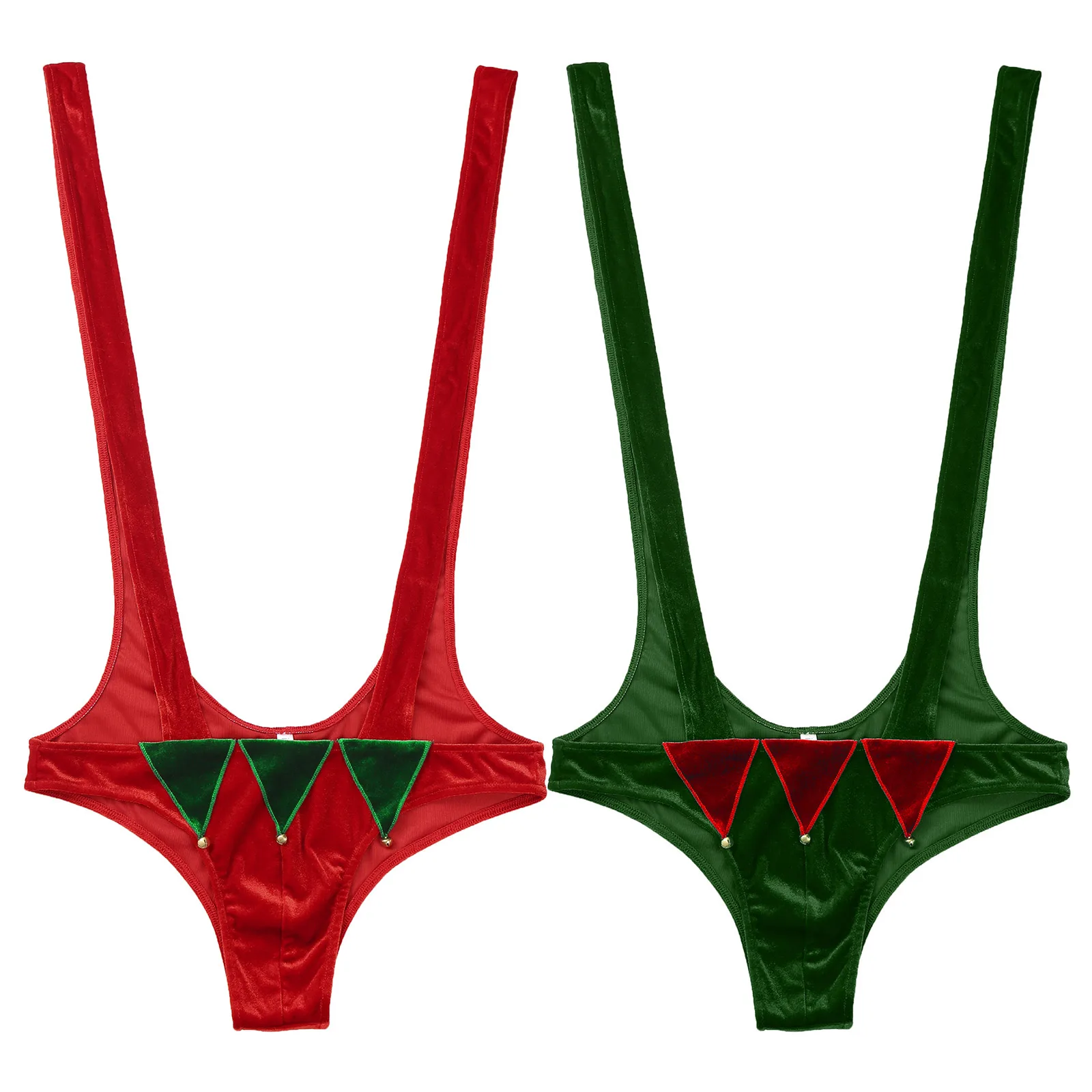 Mens Christmas Dress-up Red&Green Cosplay Costume Velvet Mankini Jagged Trim with Bells Sexy Sling Underwear Male Xmas Lingerie