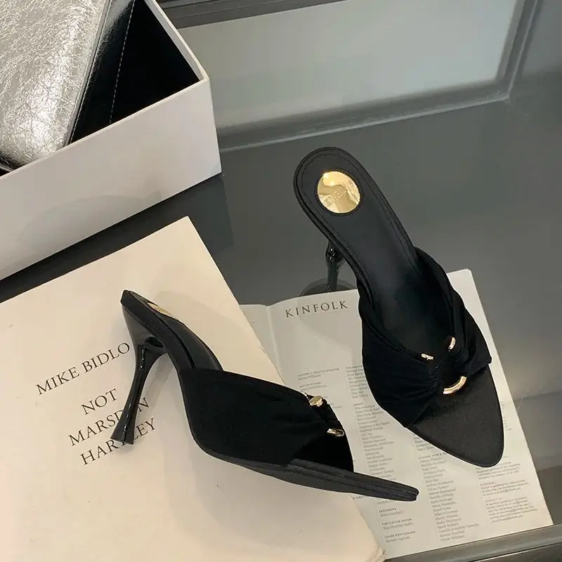 8cm Brown Heels Woman Slippers Metals Buckle High Heels Sandals Leisure Ladies Summer Shoes Black Zapatos Stilettos Mujer