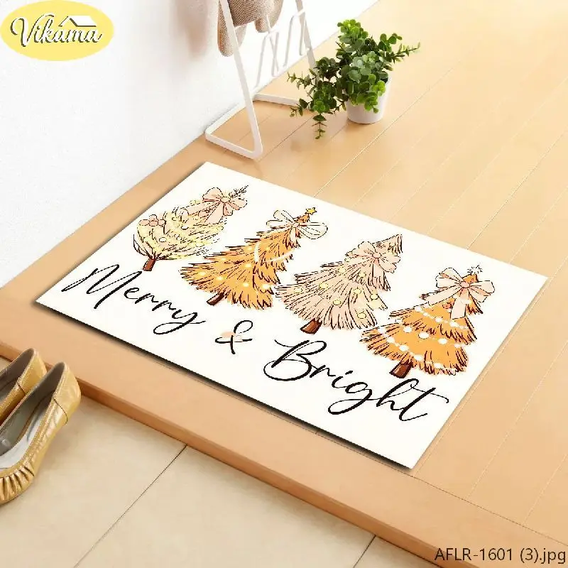 Instagram Style Cream Christmas Tree Doormat, Hand Painted Non Slip Entryway Rug, Festive Holiday Home Decor