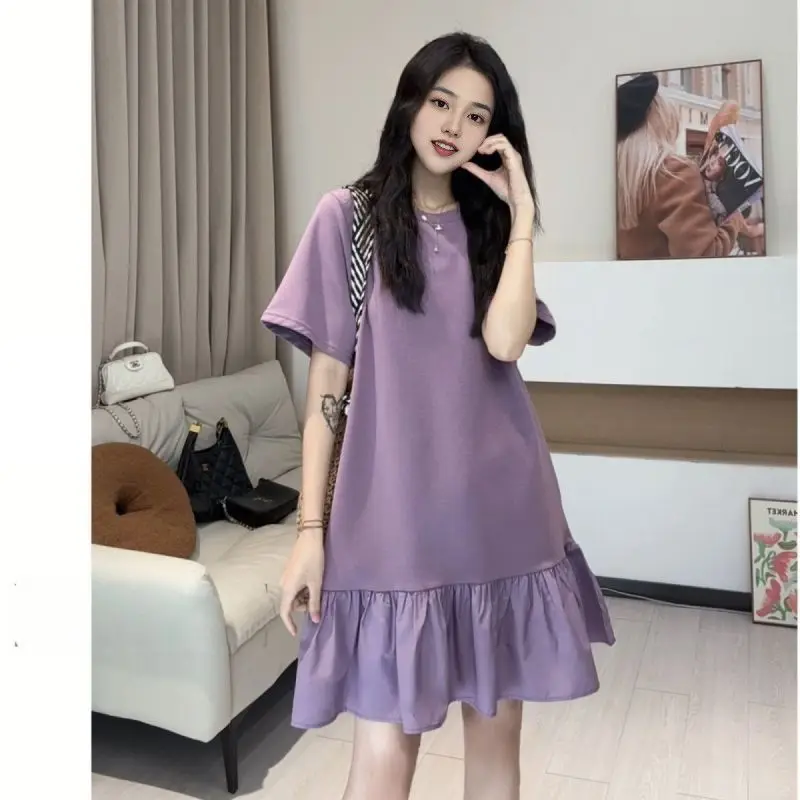 

Fashion O-Neck Solid Color Spliced Ruffles Casual Dress Female Clothing Summer New Loose Korean Short Sleeve Dresses