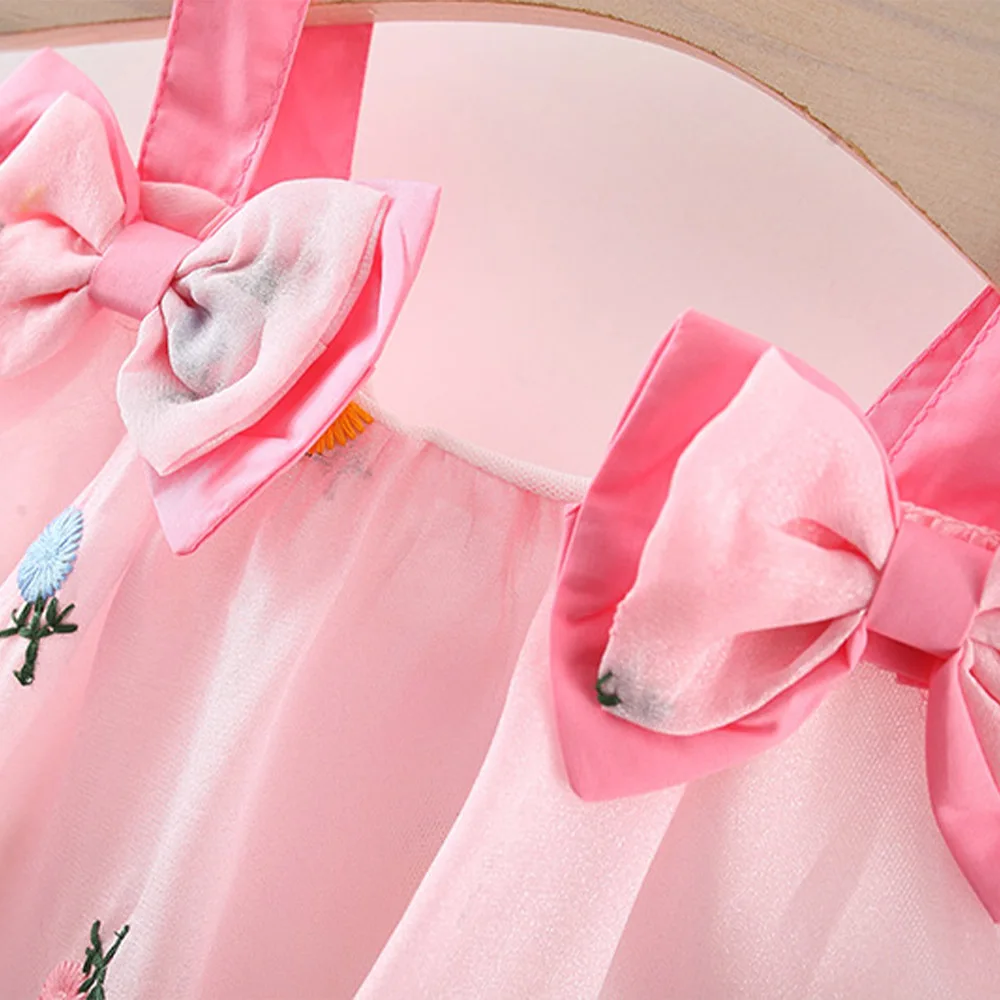 New Girl Baby Dress Korean Edition Bow Embroidered Summer Strap Dress Cute Double layered Princess Dress