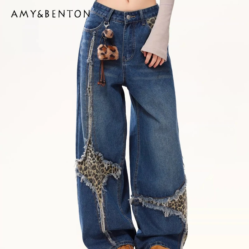 

American Retro Leopard Print Splicing Women's Denim Pants 2026 Spring New High-Waist Design Casual Floor-Length Trousers Girl